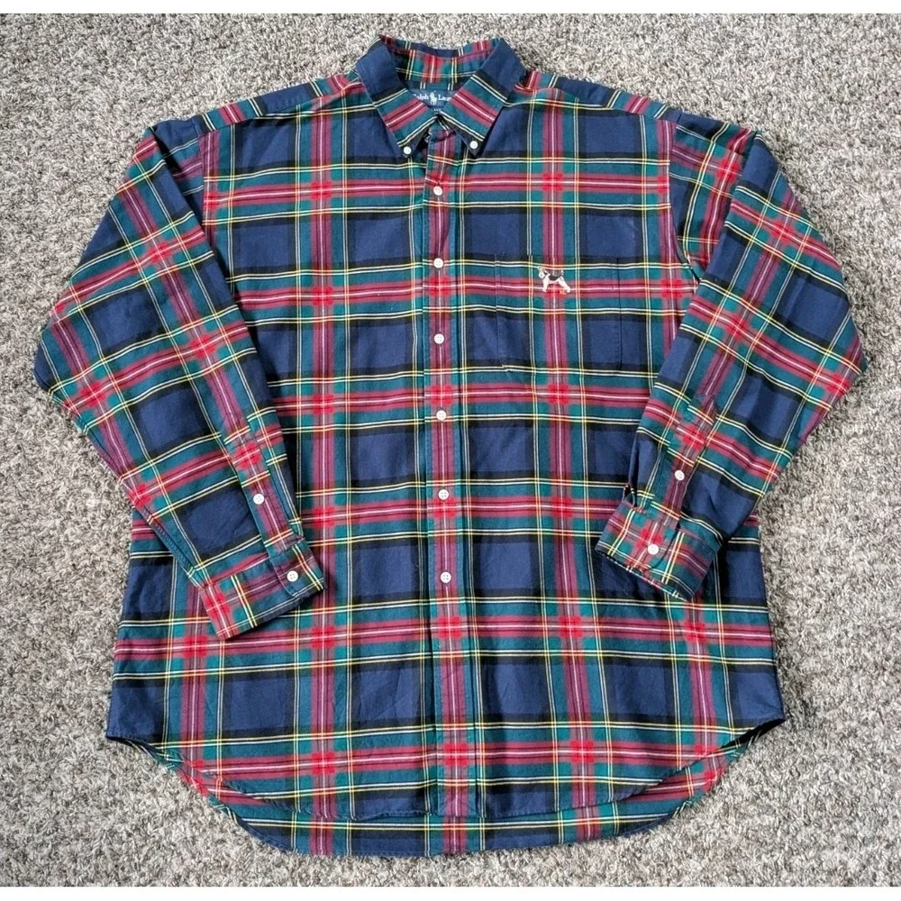 Vintage 1990s Polo Ralph Lauren Blake Dog Logo Scottie Button Up Shirt XL Tartan